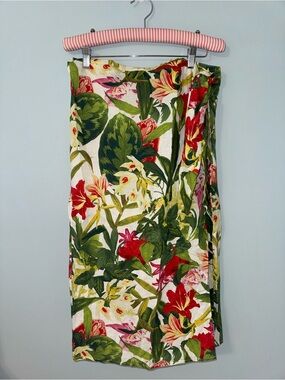 Panama Jack Linen Blend Wrap Midi Skirt Elastic Waist Tropical Floral